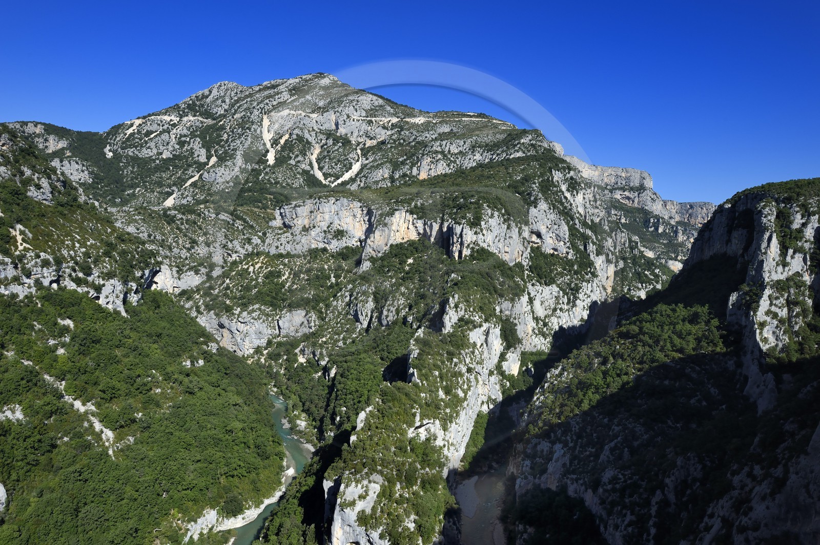 France, Alpes de Haute Provence, Parc Naturel Regional du Verdon, the Verdon Gorge, view on the Verdon river and the Breche Imbert from the panoramic viewpoint of the Mescla balcony