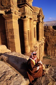 Jordan, Petra, Bedouin watching the sunset, half-way down Ed Deir (the ìMonastery), 138 feet high