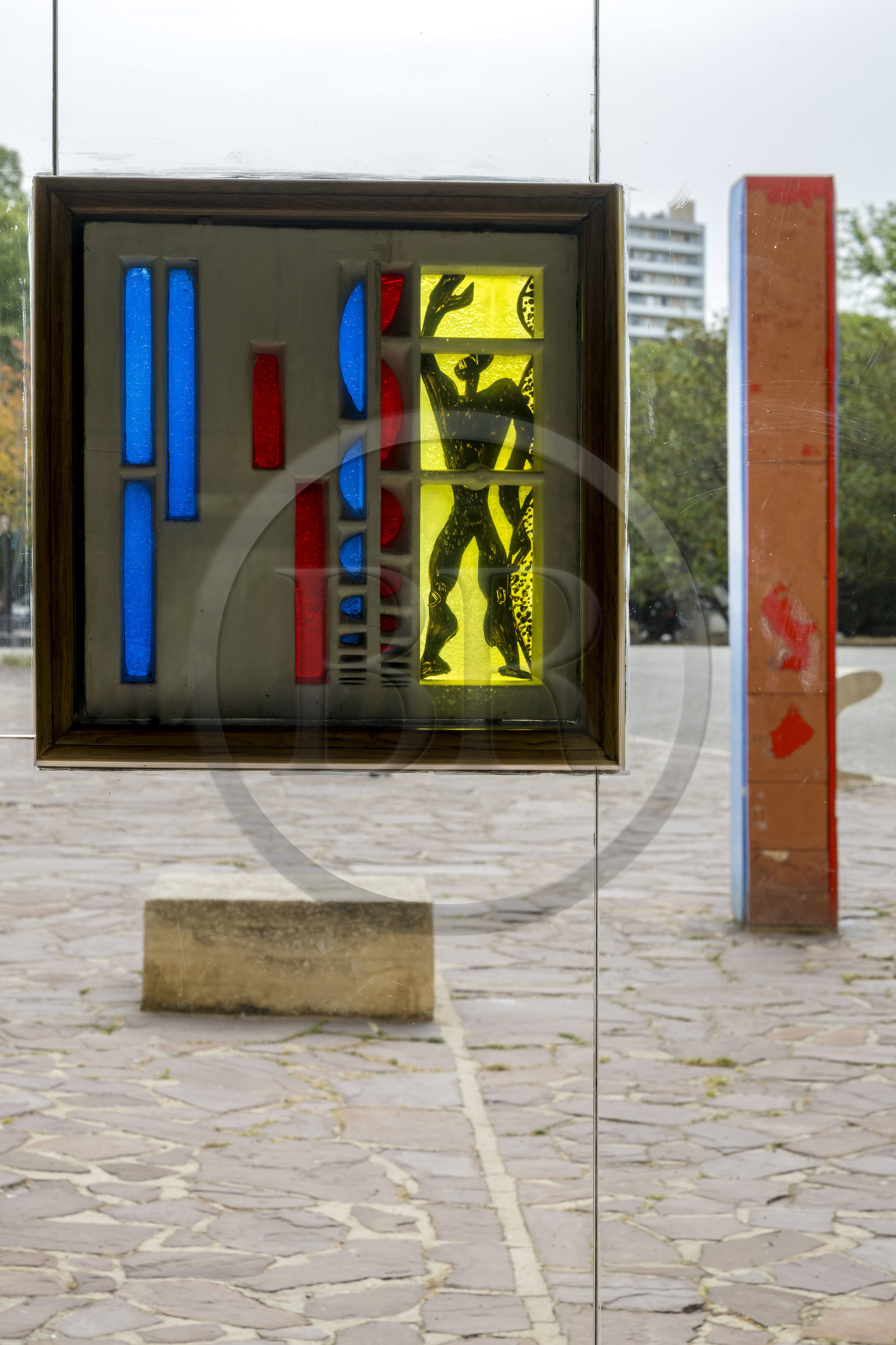 France, Bouches du Rhone, Marseille, architectural work of Le Corbusier, listed as World heritage by UNESCO, the Cité Radieuse by the architect Le Corbusier, the Modulor on a concrete and glass stained glass window placed in the hall at the entrance to the Housing Unit based on an original drawing by Le Corbusier