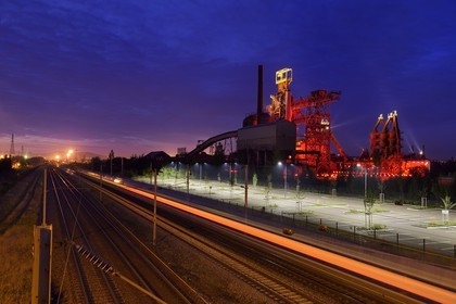 France, Moselle, Fensch Valley, Uckange steel mill, Blast furnace U4 park highlighted by Tous Les Soleils (All the Suns) by the visual artist (C) Claude Lévêque