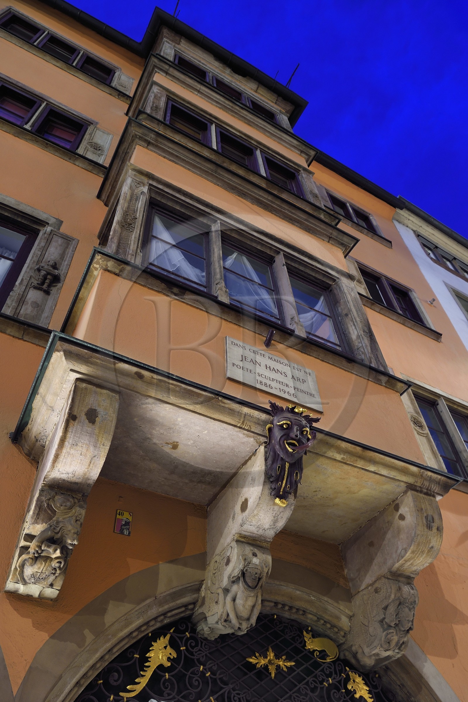 France, Bas-Rhin (67), Strasbourg, vieille ville classée au Patrimoine Mondial de l'UNESCO, maison natale du sculpteur peintre et poete Jean (Hans) Arp dans la rue du Vieux-Marché-aux-Poissons