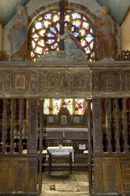 France, Finistere, Saint-Herbot, late Gothic Chapel of St. Herbot, the rood beam above the chancel (space around the altar in the sanctuary)