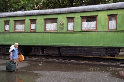 Géorgie, Kartlie intérieure, Gori, ville natale de Joseph Staline, musée Staline, le wagon de chemin de fer Pullman vert personnel de Staline, blindé et pesant 83 tonnes