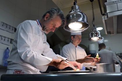 France, Rhone, Lyon, restaurant La Mère Brazier founded in 1921 by Eugenie Brazier, Mathieu Viannay two Michelin stars Chef and his kitchen brigade