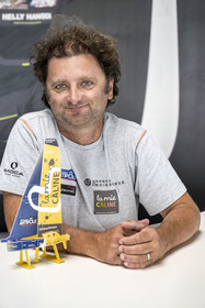 France, Vendee, Les Sables d'Olonne, Port Olona, Vendée Globe sailboat pontoon, le skipper Arnaud Boissière du voilier monocoque de 60 pieds IMOCA La Mie Caline