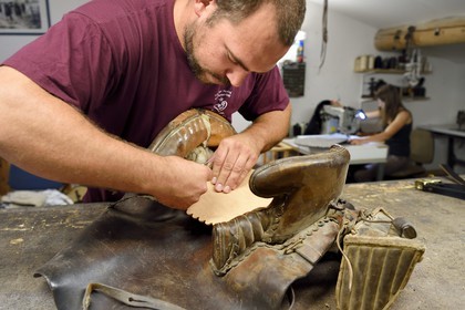 France, Gard, Fourques, Victor Mailhan saddlery and harness manufacturing in his workshop, saddle of camarguais gardian