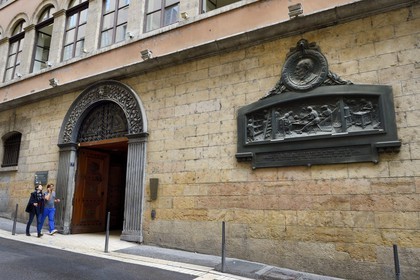 France, Rhone, Lyon, historical site listed as World Heritage by UNESCO, La Croix Rousse District, rue Saint Polycarpe, building on the Status of Silks (Condition des Soies) which was intended to establish the dry weight of silk