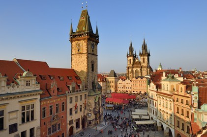 Czech Republic, Prague, historical center listed as World Heritage by UNESCO, the Old Town (Stare Mesto), small square (Staromestske namesti), City Hall and Church of Our Lady before Tyn