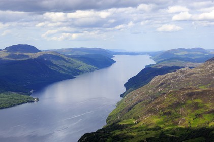United Kingdom, Scotland, Highland, the Loch Ness at the level of Fort Augustus, Inverness and the Moray Firth in the background (aerial view)