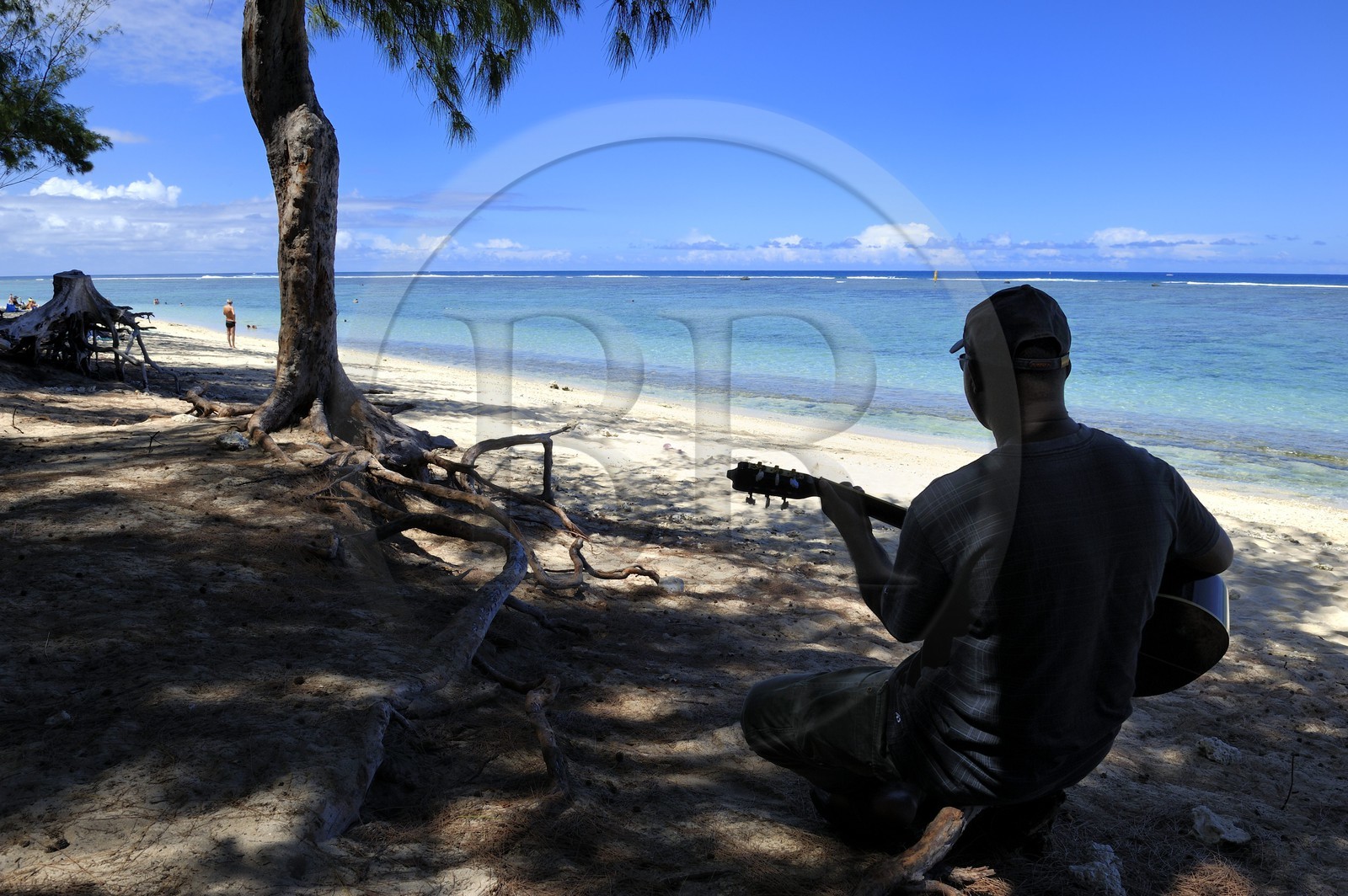 France, île de la Réunion, la Côte Ouest, plage du lagon de Saint-Gilles-Les-Bains à l'Ermitage-les-Bains, joueur de guitare à l'ombre des Filaos