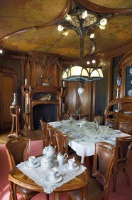France, Meurthe-et-Moselle, Nancy, Ecole de Nancy Museum, the Art Nouveau dining room of Masson (1903-1906), furniture and woodwork by Eugène Vallin, leather panels and ceiling by Victor Prouvé