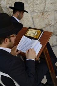 Israel, Jerusalem, holy city, the old town listed as World Heritage by UNESCO, the Western Wall part of the retaining walls of the Temple Mount built by Herod the Great, Orthodox Jew praying