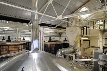 United Kingdom, Scotland, Orkney Islands, Kirkwall, Highland Park whisky distillery, mixing the grist with hot water takes place in large wooden tubs called mash tun