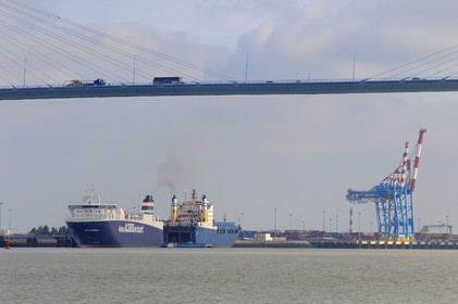 France, Loire-Atlantique (44), port autonome de Nantes Saint-Nazaire, terminal de Montoir de Bretagne et le pont de Saint-Nazaire