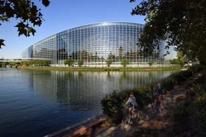 France, Bas Rhin, Strasbourg, European district, the European Parliament along the Ill river and the Marne-Rhine canal
