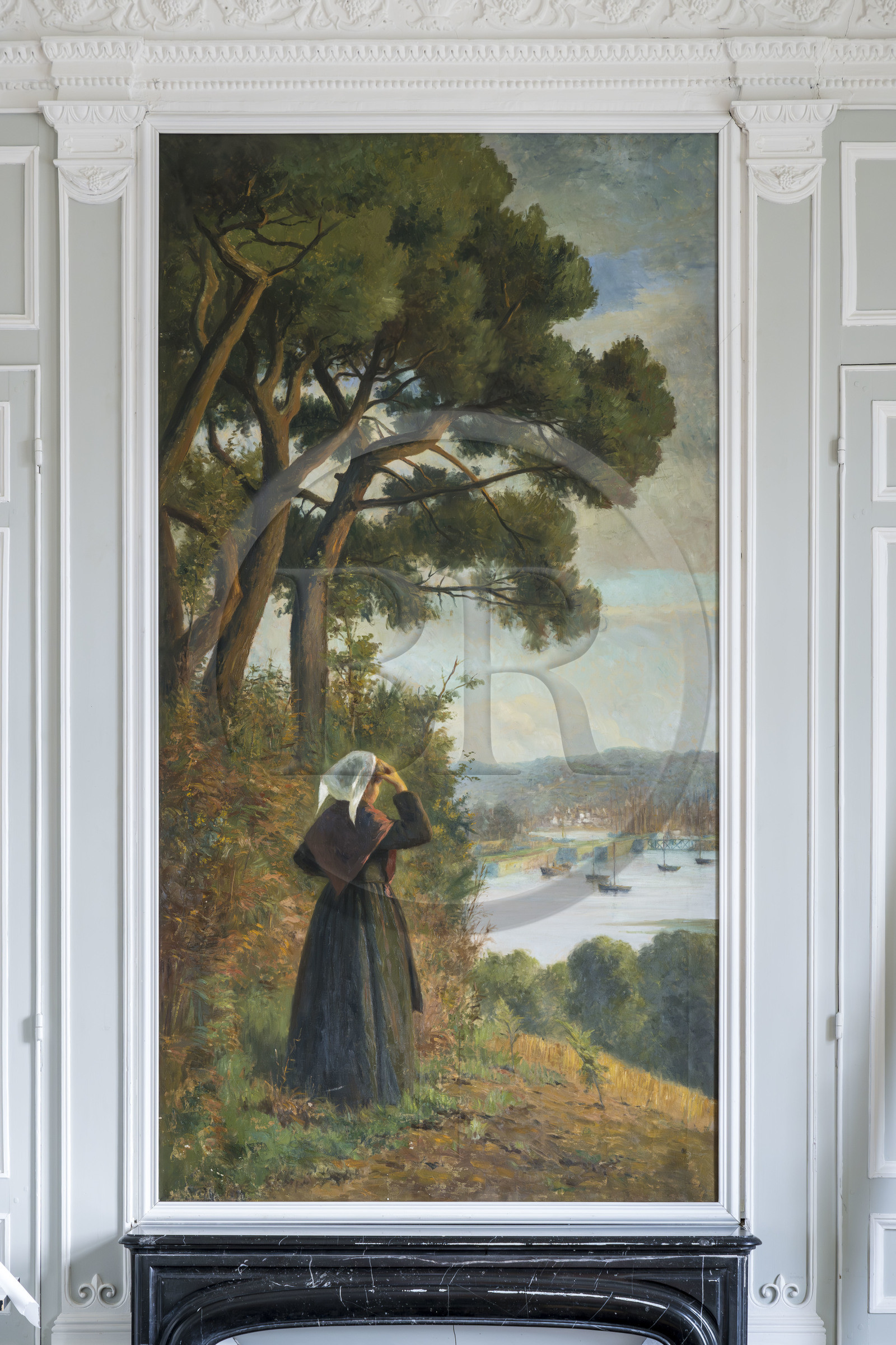 France, Côtes d'Armor (22), Paimpol, maison d'armateur de la famille Allenou du milieu XIXème siècle devenue Hotel de Ville, peinture murale représentant la femme du marin guettant le retour de ce dernier