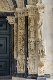 Croatia, Dalmatia, Dalmatian Coast, Trogir, portal of the Cathedral Saint Lawrence of Trogir, Adam's sculpture and bas reliefs