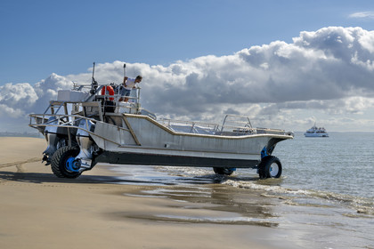 France, Gironde, Verdon sur Mer, rocky plateau of Cordouan, lighthouse of Cordouan, listed as World Heritage by UNESCO, visit to the lighthouse with transfer by boat and amphibious barge