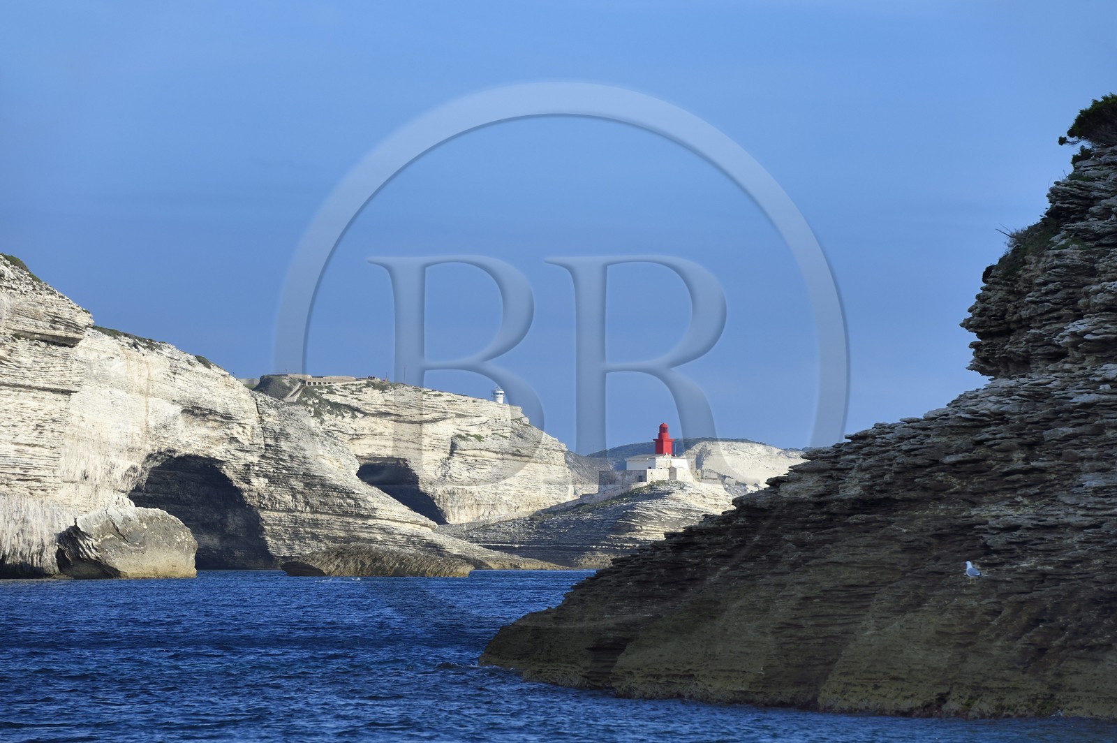 France, Corse-du-Sud (2A), Bonifacio, les falaises de calcaire de plus de 60 mètres de haut et le phare à l'entrée de la calanque France, Corse-du-Sud (2A), Bonifacio, les falaises de calcaire de plus de 60 mètres de haut et le phare à l'entrée de la calanque