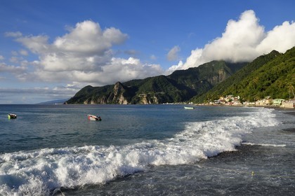 Caribbean, Dominica Island, Soufriere Bay, the village of Scotts Head and Soufriere in the background