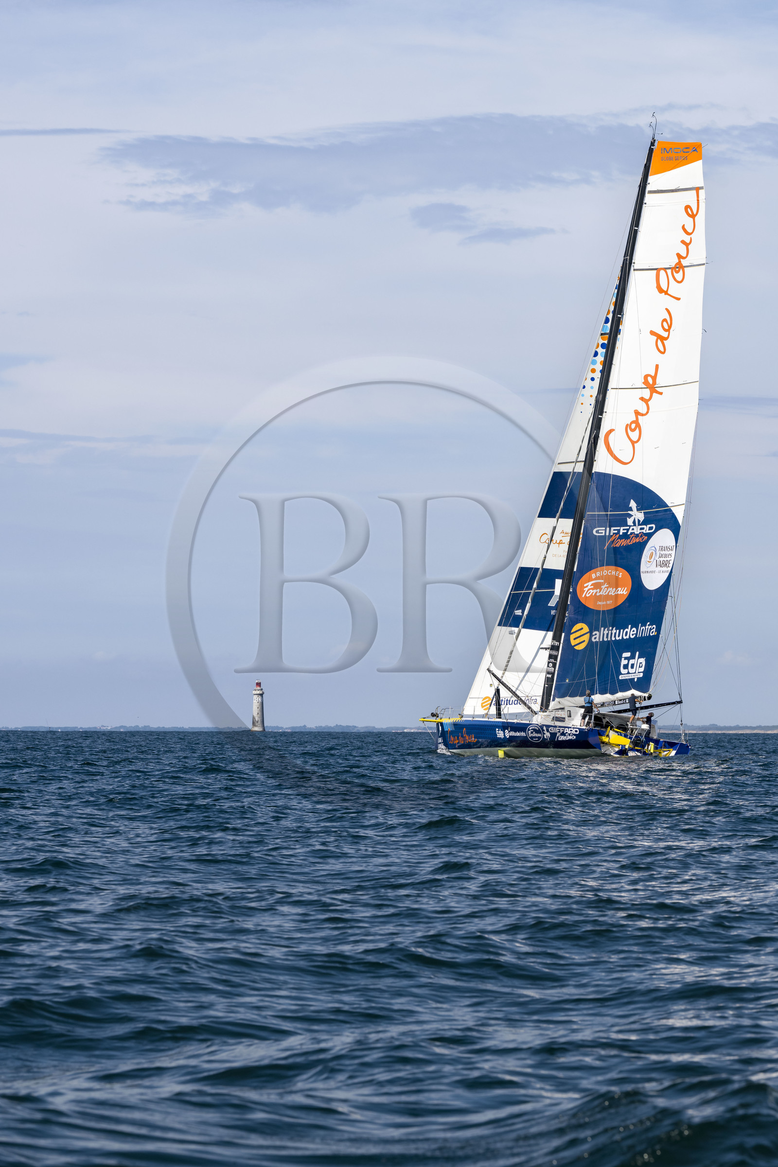 France, Vendee, Les Sables d'Olonne, skipper Manuel Cousin training on his 60-foot monohull sailboat IMOCA Coup de Pouce