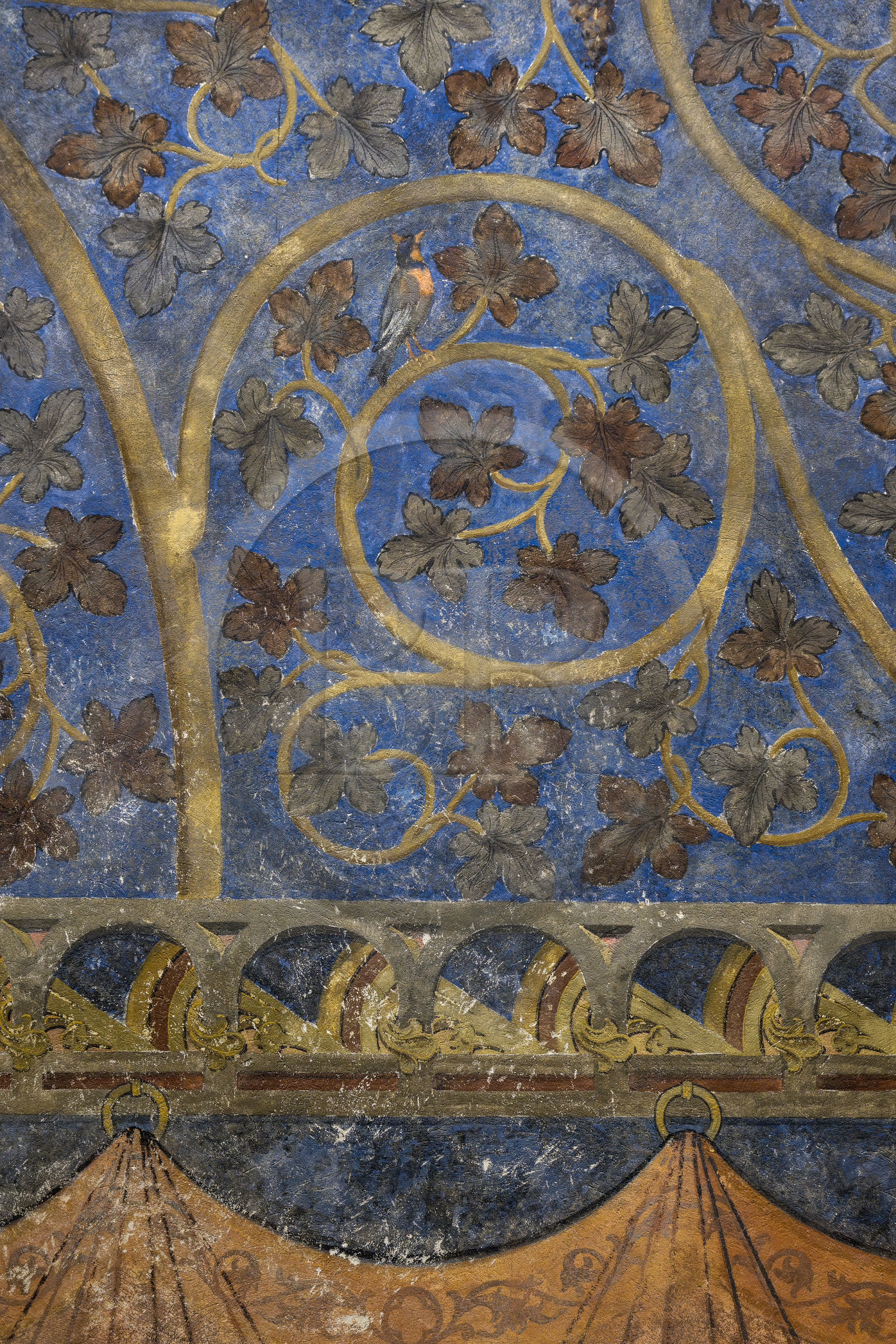 France, Vaucluse (84), Avignon, Palais des Papes classé Patrimoine mondial de l'UNESCO, la tour des Anges ou tour du pape, chambre du Pape, un espace végétal à deux dimensions fait de rinceaux de vigne et de chêne, parsemés d’oiseaux et d’écureuils, orne les murs sur un fond bleu ciel