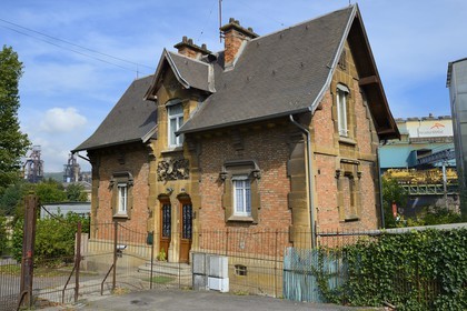 France, Moselle, Fensch Valley, Hayange, steel mill, the last Blast furnaces (known as of Florange) of ArcelorMittal, former gatehouse of the Wendel's castle