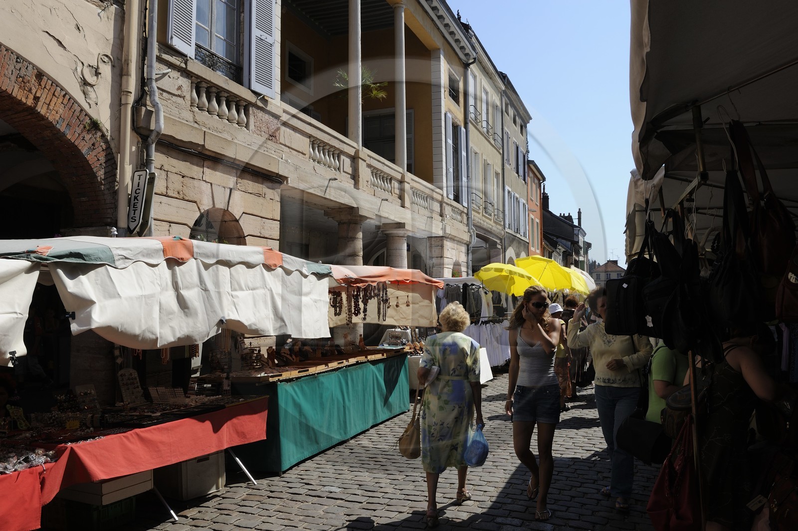 France, Saône et Loire (71), Louhans, le marché du lundi, les arcades de Grande-Rue