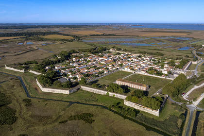 France, Charente Maritime, Saintonge, Marennes Hiers Brouage, Brouage citadel, labelled Les Plus Beaux Villages de France (The Most Beautiful Villages of France), the ramparts built from 1630 to 1640 form a square of 400m side and are defended by 7 bastions equipped with watchtowers (aerial view)
