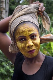 France, Mayotte island (French overseas department), Grande-Terre, Ouangani, Mahorais woman wearing a facial mask with sandalwood (the m'sindzano)