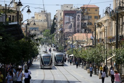 Israel, Jerusalem light rail on Jaffa Road, the line is 13.9 kilometers (8.6 mi) long with 23 stops and the train began to run on August 19, 2011