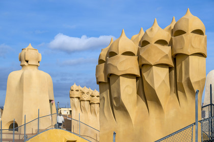 Spain, Catalonia, Barcelona, Eixample district, Passeig de Gracia, Pedrera or Casa Mila (1905-1910) by the Catalan modernist architect Antoni Gaudi, UNESCO World Heritage site, chimneys and ventilation towers on the roof terrace of the building