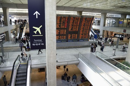 France, Val-d'Oise, Roissy, aéroport Charles de Gaulle, Charles de Gaulle airport, billboard at the RER train station