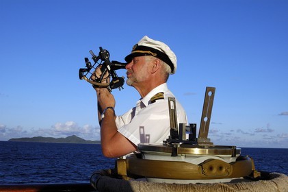 Caribbean sea, the SPV Royal Clipper, the chief engineer Gunnar with sextant