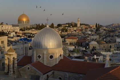 Israel, Jerusalem, holy city, the old town listed as World Heritage by UNESCO, the roofs of the Muslim Quarter, the church of Our Lady of the Spasm and the Dome of the Rock in the background