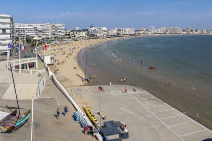 France, Vendee, Les Sables d'Olonne, the Grande Plage and the seafront buildings (aerial view)