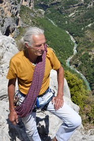 France, Alpes de Haute Provence, Parc Naturel Régional du Verdon, Grand Canyon of Verdon, La Palud Sur Verdon, point of view of the Dent d'Aire, Bernard Gorgeon one of the pioneers of climbing in the massif