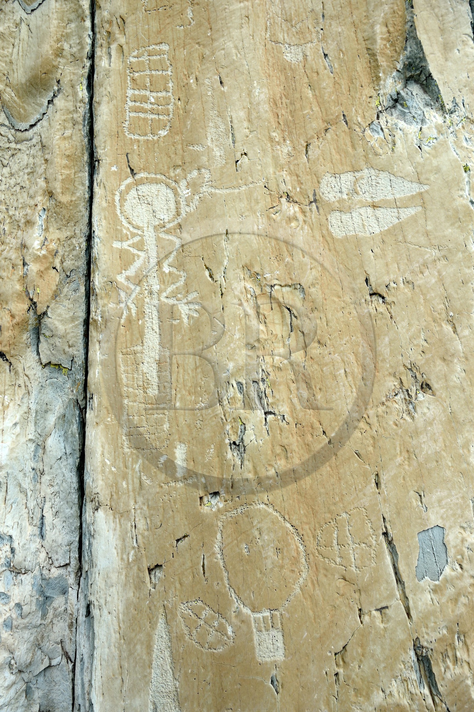 France, Alpes-Maritimes (06), parc national du Mercantour, Vallée des Merveilles parsemée de milliers de gravures rupestres de l'Age de bronze, Pas de l'Arpette, gravure baptisée l'Anthropomorphe aux bras en zigzag et un réticulé de cases qui symboliserait les champs cultivés en haut