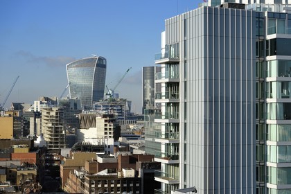 United Kingdom, London, Whitechapel district, the new Aldgate buildings and the 20 Fenchurch Street nicknamed the Walkie-Talkie designed by the architect Rafael Vinoly in the background