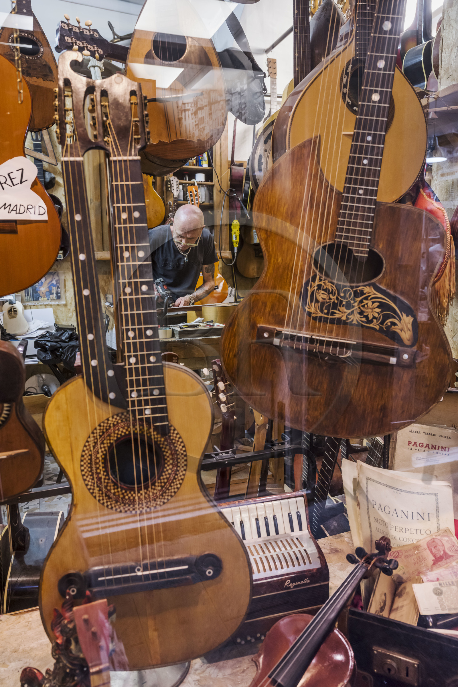 Italie, Ligurie, Gênes, ruelle du vieux centre historique, le magasin de musique et luthier A Ca Do Dria