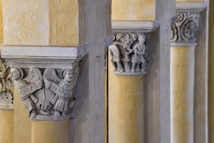 France, Puy de Dome, Clermont Ferrand, Notre-Dame-du-Port basilica in Auvergne Romanesque style, listed as a UNESCO World Heritage Site under the Routes of Saint-Jacques-de-Compostelle in France, nave capitals