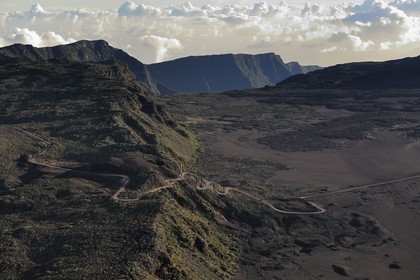 France, Reunion island (French overseas department), Piton de la Fournaise, listed as World Heritage by UNESCO volcano, Plaine des Sables (aerial view)