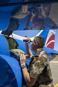 France, Bouches du Rhone, Salon de Provence, air base 701, base of the Patrouille de France (PAF for Patrouille acrobatique de France) of the French Air and Space Force, adjudant Nicolas Renard, the mechanic, takes a tour of his Alphajet, battery check