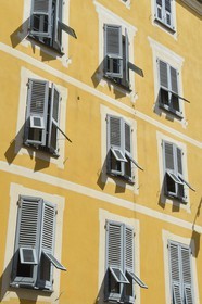 France, Corse du Sud, Ajaccio, louvered shutters in a building of the rue Zevacho Maire