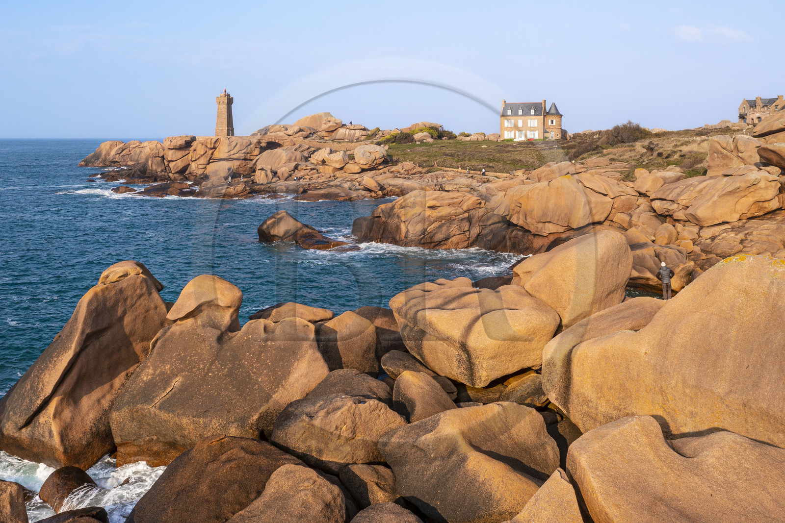 France, Cotes-d'Armor, Cote de Granit Rose, Perros-Guirec, Ploumanac'h, Pointe de Skewell (Squéouel), the Mean Ruz lighthouse on the Douaniers trail also GR 34 long-distance trail (aerial view)