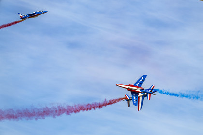 France, Bouches du Rhone, Salon de Provence, air base 701, base of the Patrouille de France (PAF for Patrouille acrobatique de France) of the French Air and Space Force, Alphajet aircraft aerial demonstrations at the Echange des Gardes Ceremony, crossing figure