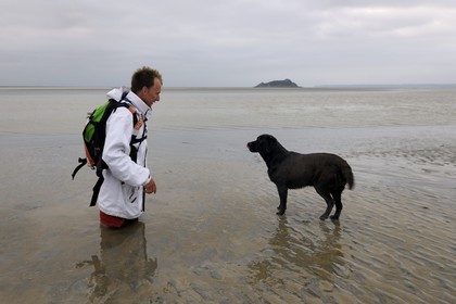 France, Manche (50), découverte de la Baie du Mont-Saint-Michel à pied, le guide Romain Pilon entrain de s'ensabler et l'ile de Tombelaine en arrière plan
