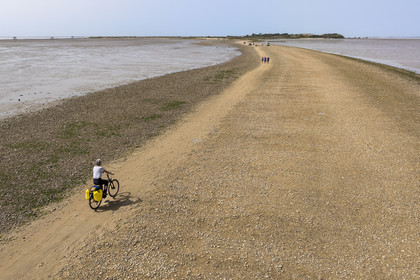 France, Charente Maritime, Port-des-Barques, Port-des-Barques, the tombolo of Passe aux Boeufs which connects the continent to Ile Madame (aerial view)