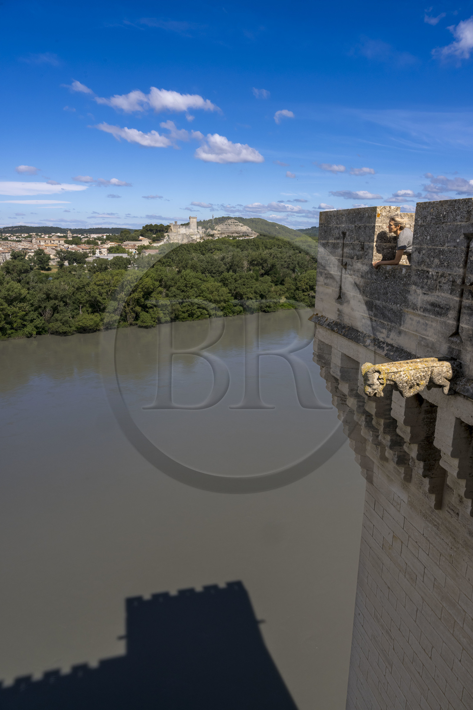 France, Bouches-du-Rhône (13), Tarascon, le chateau du roi René datant du XVe siècle en bordure du Rhone et la forteresse de Beaucaire en arrière plan sur l'autre rive