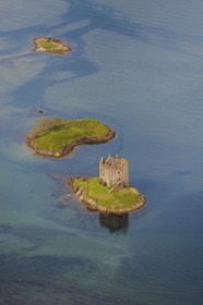 United Kingdom, Scotland, Highland, Port Appin, Castle Stalker is a four-storey tower house or keep picturesquely set on a tidal islet on Loch Laich an inlet off Loch Linnhe (aerial view)